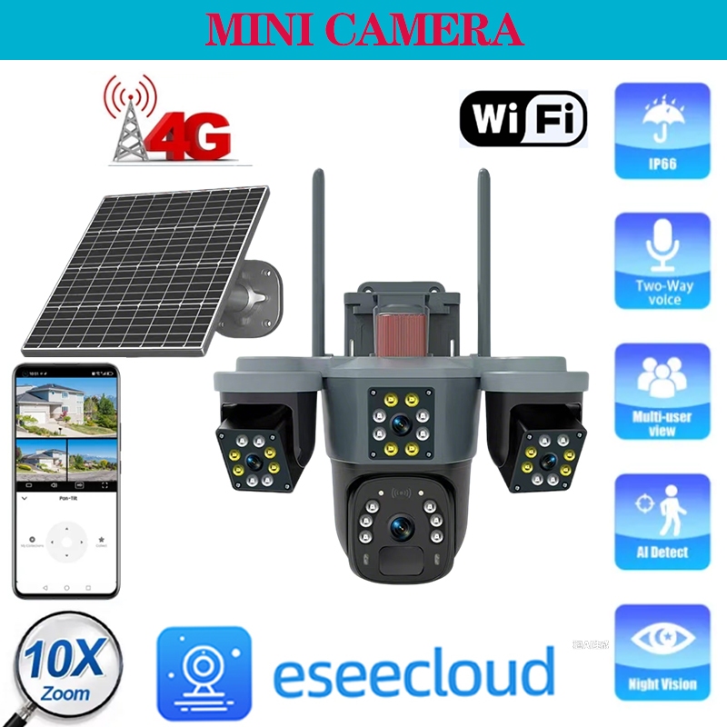 ※ส่งฟรี V380 4G/ WIFI Camera 12MP 6K 18LED Solar Cell กล้องวงจรปิดไวไฟ/ ใส่ซิม โซลาร์เซล 12ล้านพิกเซล กล้อง2เลนส์3จอ