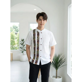 เสื้อพื้นเมืองผู้ชายคอจีน ลายไทยทูโทน