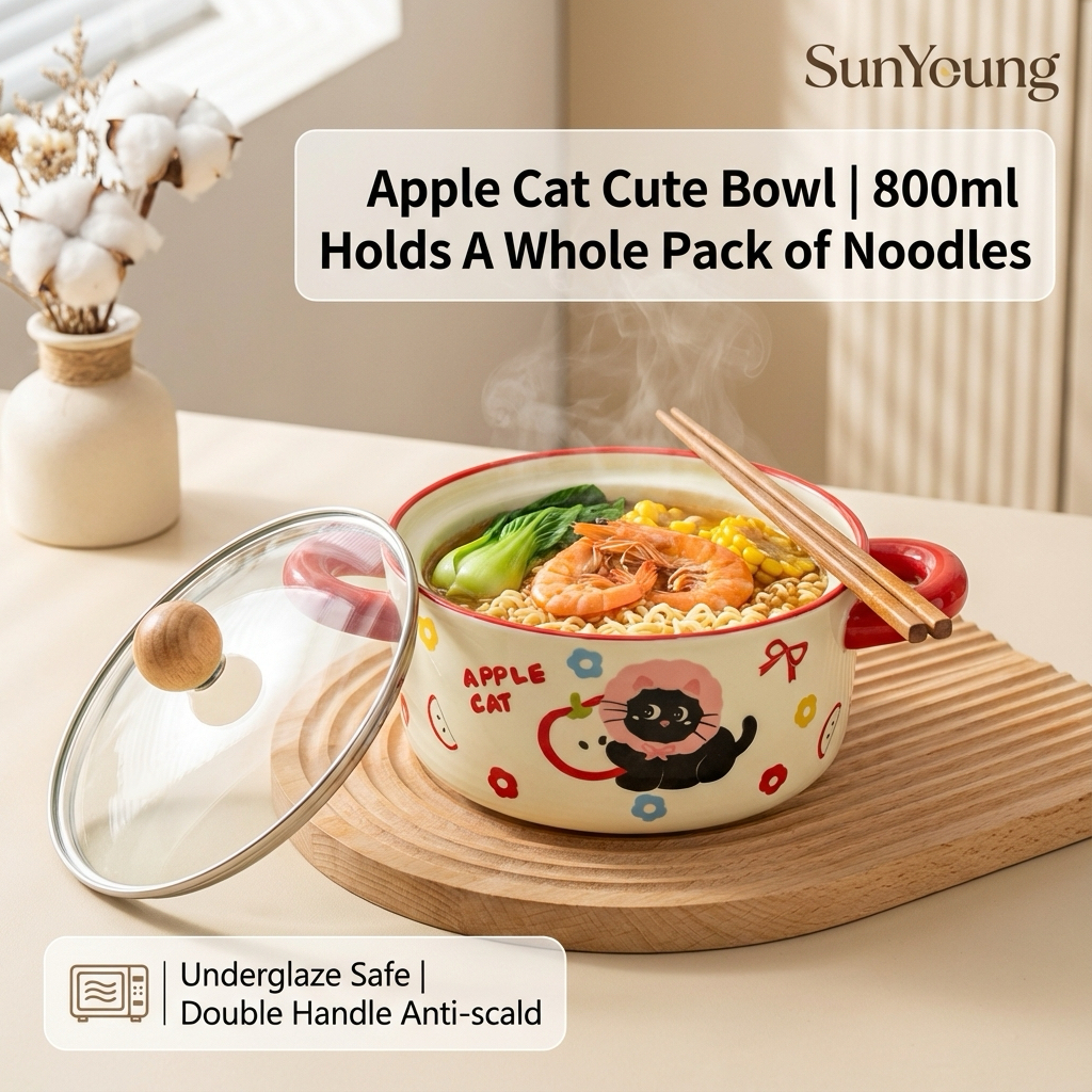 ชามมาม่าเซรามิก หนาพิเศษ ลายแมวน่ารักๆ มีฝาปิด เข้าเวฟได้ ใส่แกง/ซุปได้ 800ml ของใช้เด็กหอ 🇹🇭พร้อมส่ง