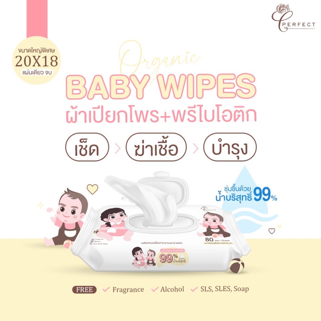 PERFECT ผ้าเปียกออร์แกนิคเกรดพรีเมียม สูตรพรีไบโอติค โพรไบโอติค อ่อนโยนพิเศษ ผ้าหนานุ่ม ชุ่มน้ำ แผ่นใหญ่ที่สุด
