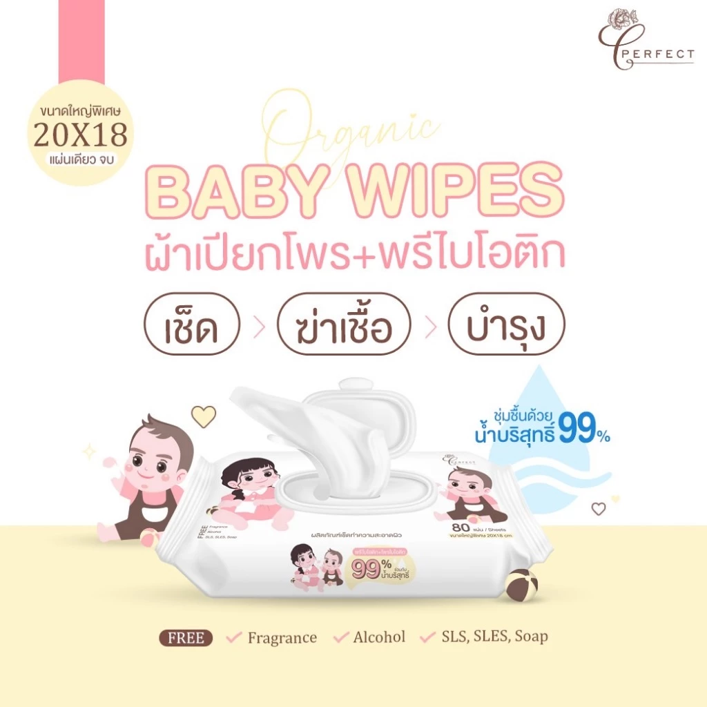 PERFECT ผ้าเปียกออร์แกนิคเกรดพรีเมียม สูตรพรีไบโอติค โพรไบโอติค อ่อนโยนพิเศษ ผ้าหนานุ่ม ชุ่มน้ำ แผ่นใหญ่ที่สุด