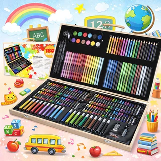 ชุดระบายสีไม้ 180 ชิ้น ครบจบในกล่องเดียว ชุดอุปกรณ์เครื่องเขียนสำหรับเด็ก สีหลากหลายรูปแบบ สำหรับงานศิลปะ