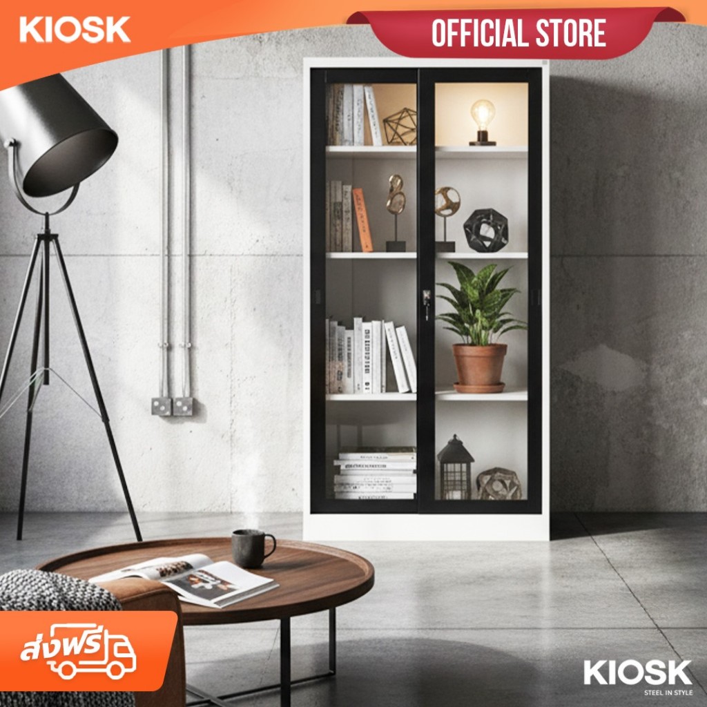 [จัดส่งพร้อมติดตั้งฟรี] KIOSK ตู้บานเลื่อนกระจกสูง รุ่น SGD-18 พร้อม3แผ่นชั้นปรับระดับได้