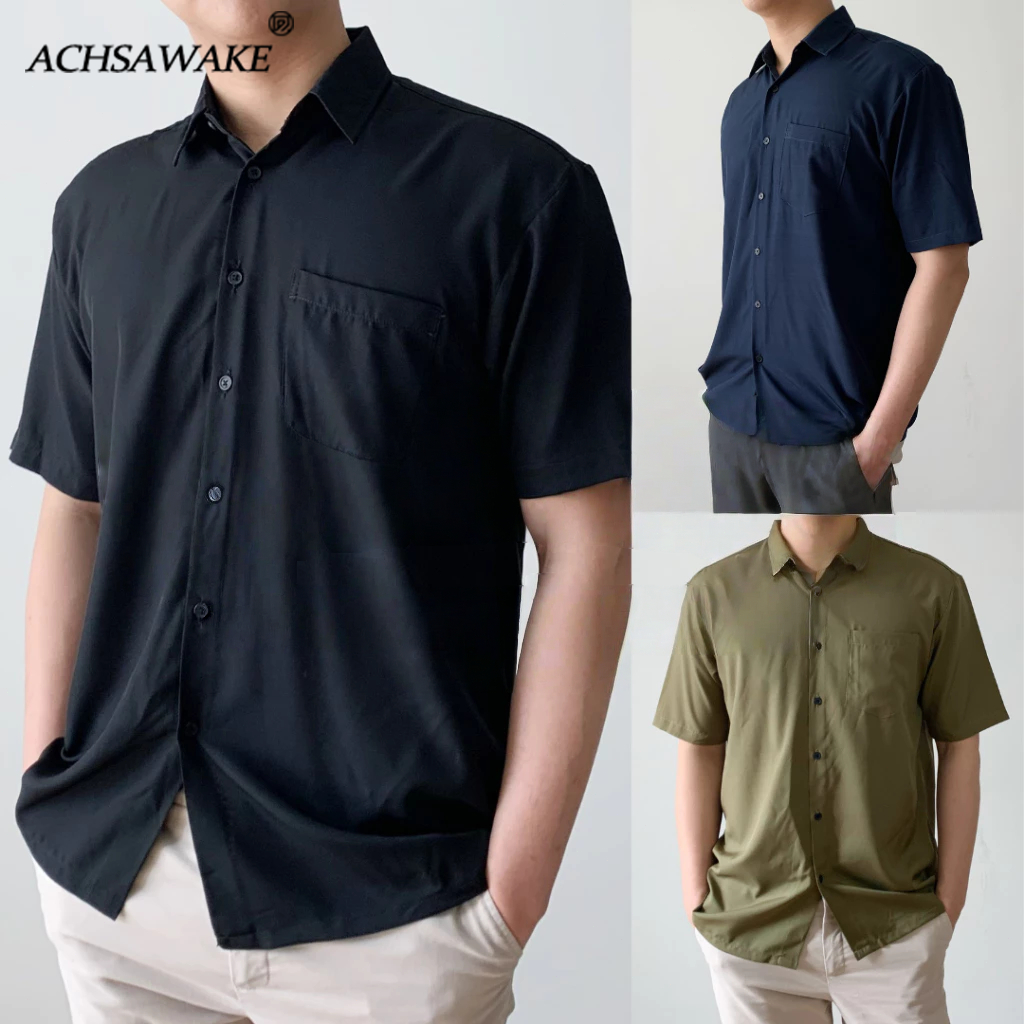 ACHSAWAKE เสื้อเชิ้ตแขนสั้นกระเป๋าหน้า ปุ่มกระดุมเรียบง่าย สวมใส่ไปทำงานหรือชีวิตประจำวันได้