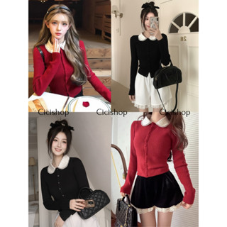 Cicishop(A2987) เสื้อไหมพรมคาร์ดิแกนแขนยาวคอบัวแต่งลูกไม้ เส…