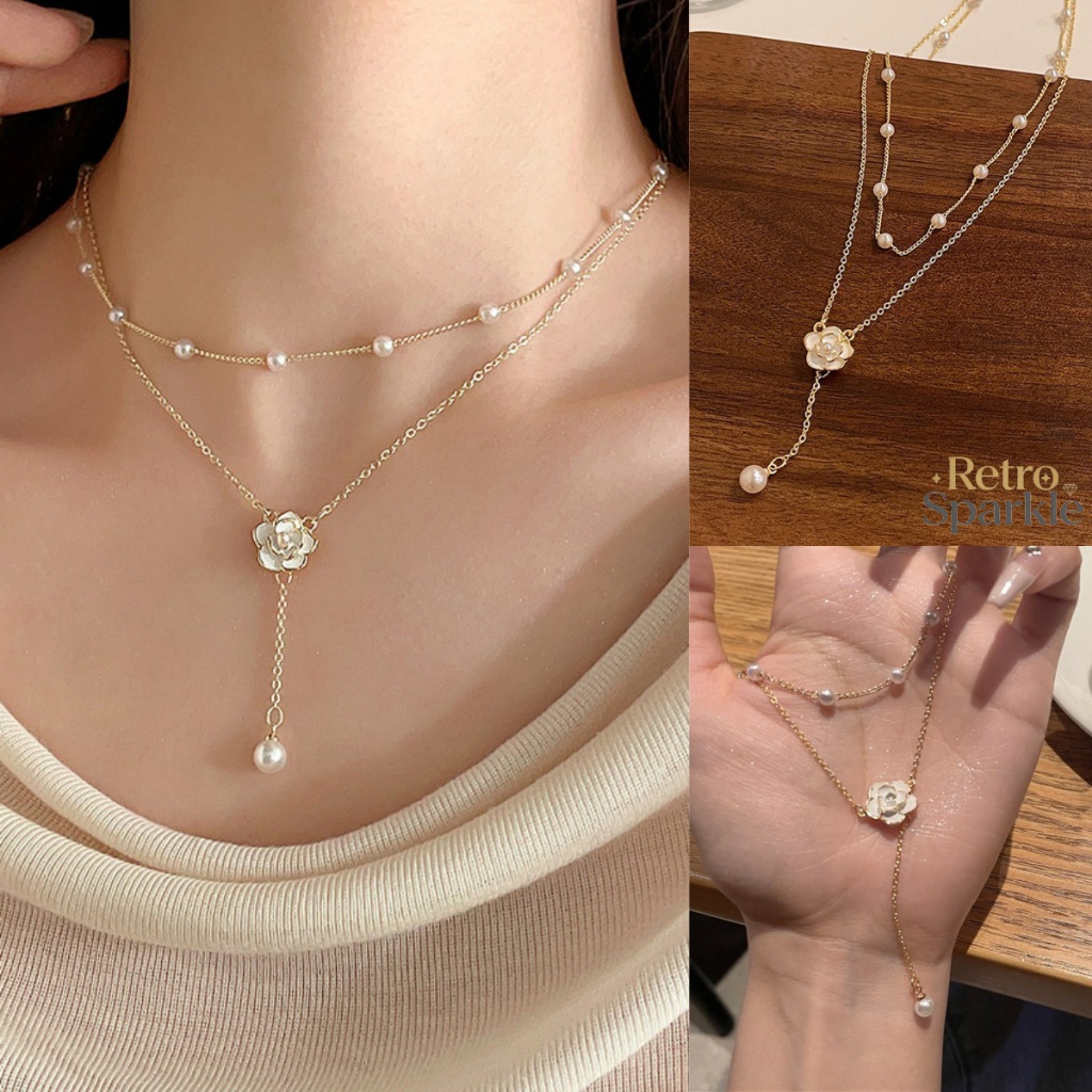 Retro Sparkle✨✨สร้อยคอสไตล์เกาหลี สร้อยคอไข่มุกดอกไม้ สร้อยคอ light niche แฟชั่น หลากหลายสไตล์ COD