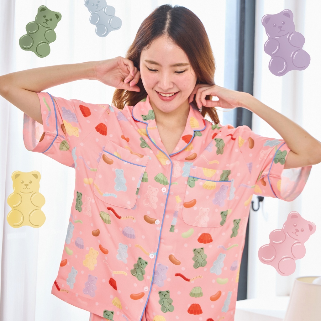 (มีส่งด่วน)Gnight.Butter PJs l ชุดนอนสีโอลโรส ลายเยลลี่ กันโป๊โนบราได้ ไม่ต้องรีด (มีไซส์ใหญ่)