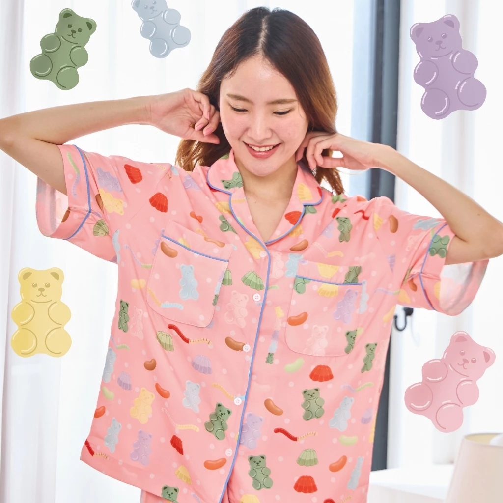(มีส่งด่วน)Gnight.Butter PJs l ชุดนอนสีโอลโรส ลายเยลลี่ กันโป๊โนบราได้ ไม่ต้องรีด (มีไซส์ใหญ่)