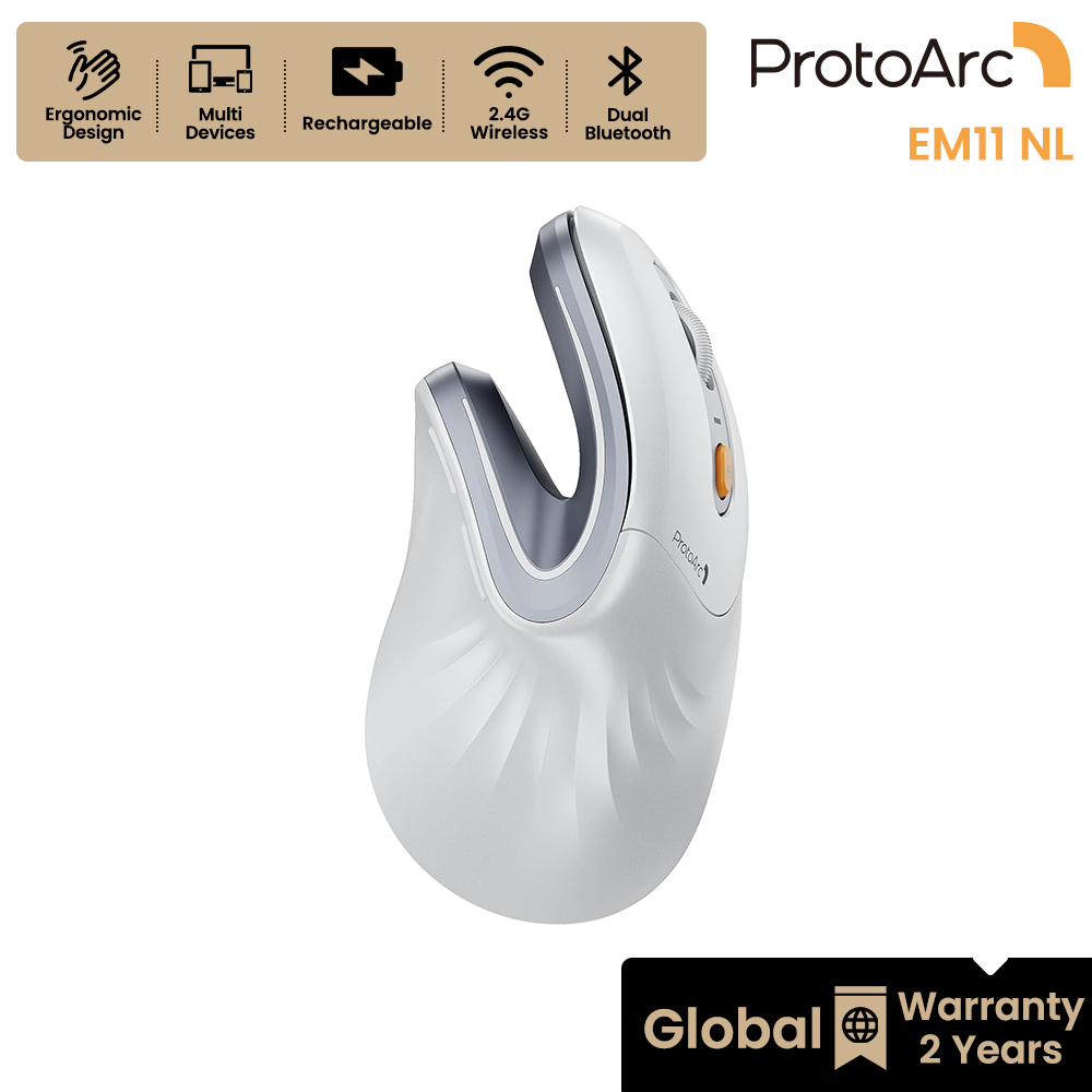 ProtoArc EM11 NL เมาส์แนวตั้ง Ergonomic เพื่อสุขภาพ ไร้สาย บลูทูธ 2 ช่อง + 2.4G ชาร์จได้ สีขาวเงิน รับประกันทั่วโลก 2 ปี