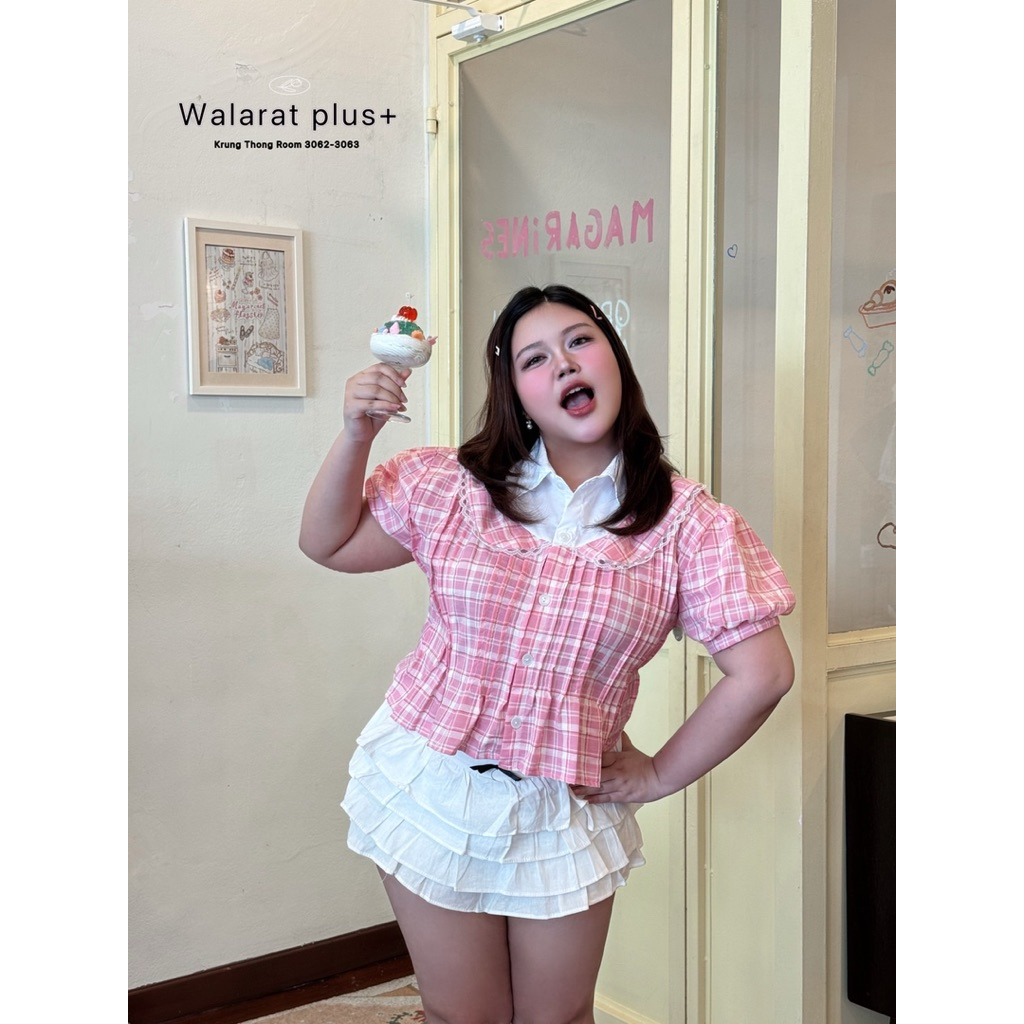 (ลดแรงโปรเปิดร้าน+ส่งฟรี✅)เสื้อสาวอวบอ้วนลายสก็อตพาสเทล ใส่แล้วละมุนเหมือนขนมหวาน(36-50) - รูปที่ 4