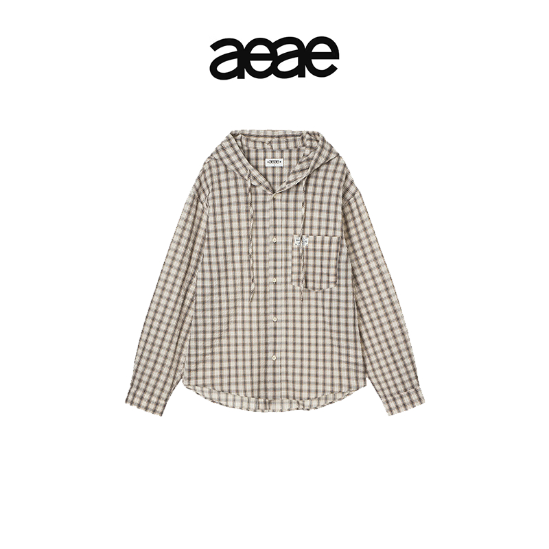 AEAE🇰🇷 CHECK HOOD SHIRTS -BEIGE/LIME เสื้อเชิ้ตลายสก็อต