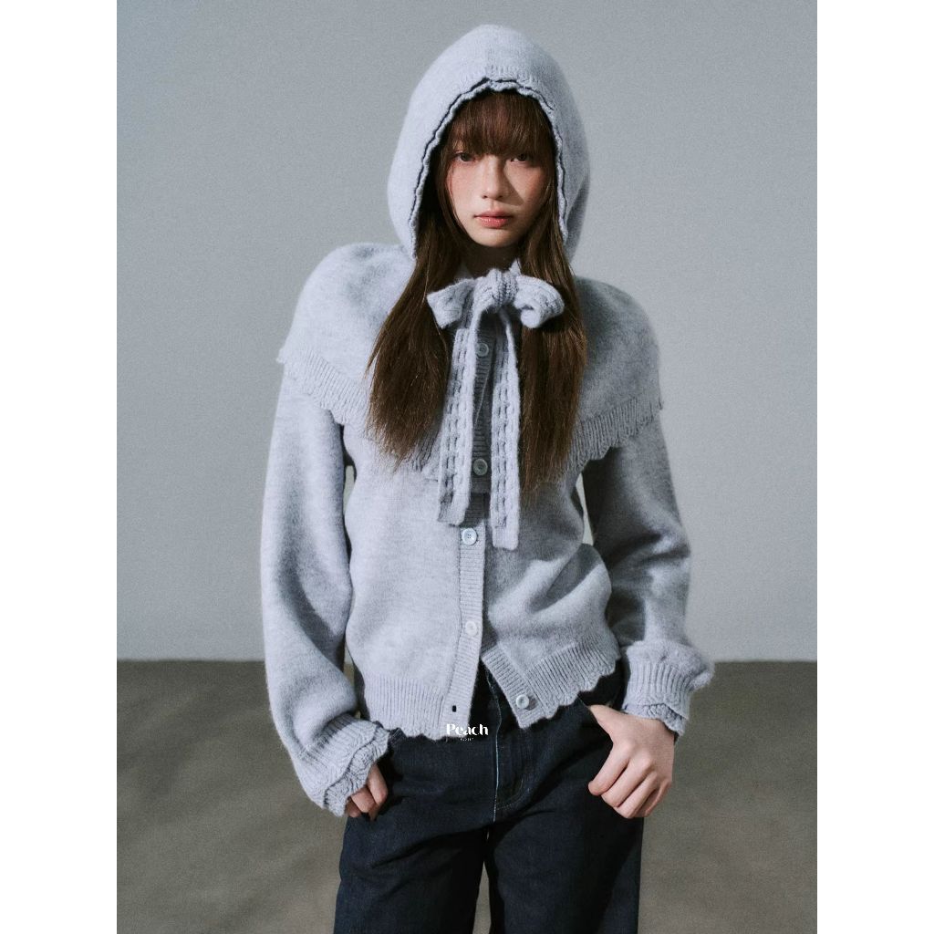 peachkloset คาร์ดิแกนฮู้ดโบว์ใหญ่ ไหล่เคป Coquette Cape Knit Hoodie