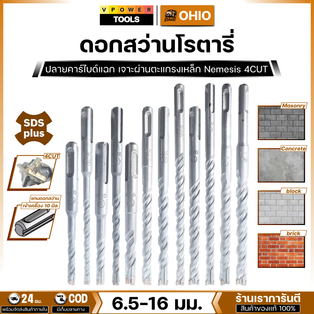 OHIO ดอกสว่านโรตารี่เจาะปูนคอนกรีต SDS-Plus 6.5-16 มม. ยาว 110,160,210 มม. (สินค้ามีตัวเลือก)