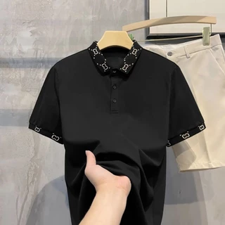 PROMANเสื้อโปโลผู้ชาย เสื้อแขนสั้นปกปก คอปกลาย ผ้าไหมเย็นระบายอากาศ พักผ่อน หลวม แฟชั่น