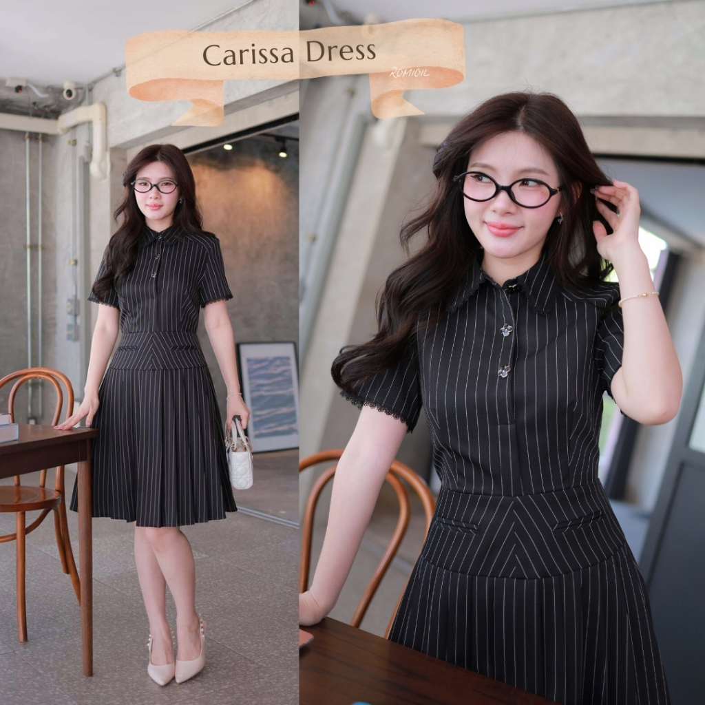 "Romi"Oil" Carissa Dress (black) K356 ชุดเดรสสีดำ (กระดุมหน้ากระโปรงพลีท)