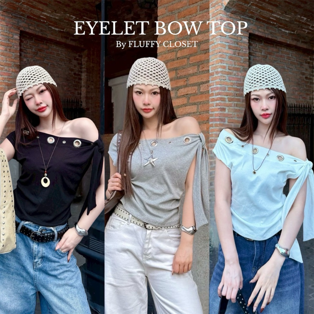 EYELET BOW TOPเสื้อคอปาดตาไก่โบว์ไหล่ข้าง สไตล์korean chic