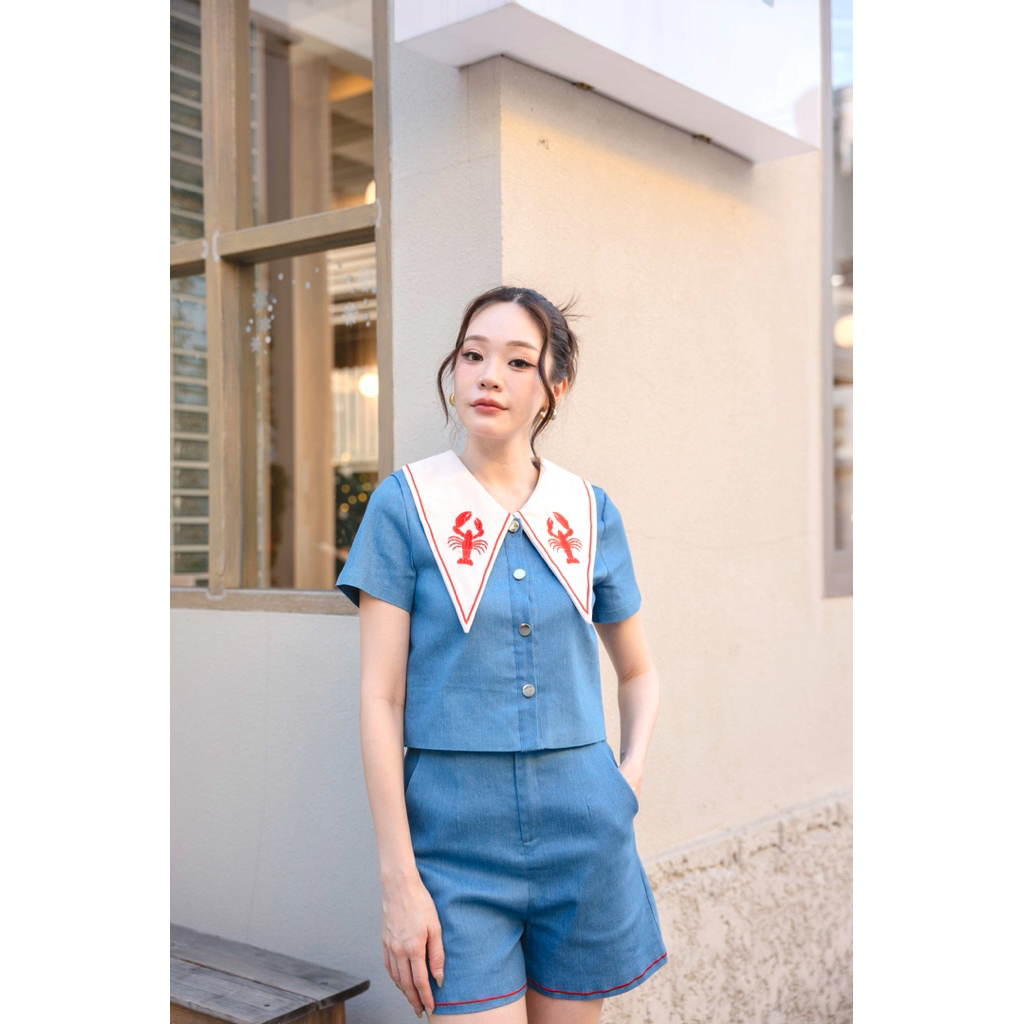 ร192 ล็อบเตอร์denimขาสั้นสียีนส์อ่อน”🦞 ชุดยีนส์ งานปักลายออกแบบเองของทางร้าน คอปกยาว