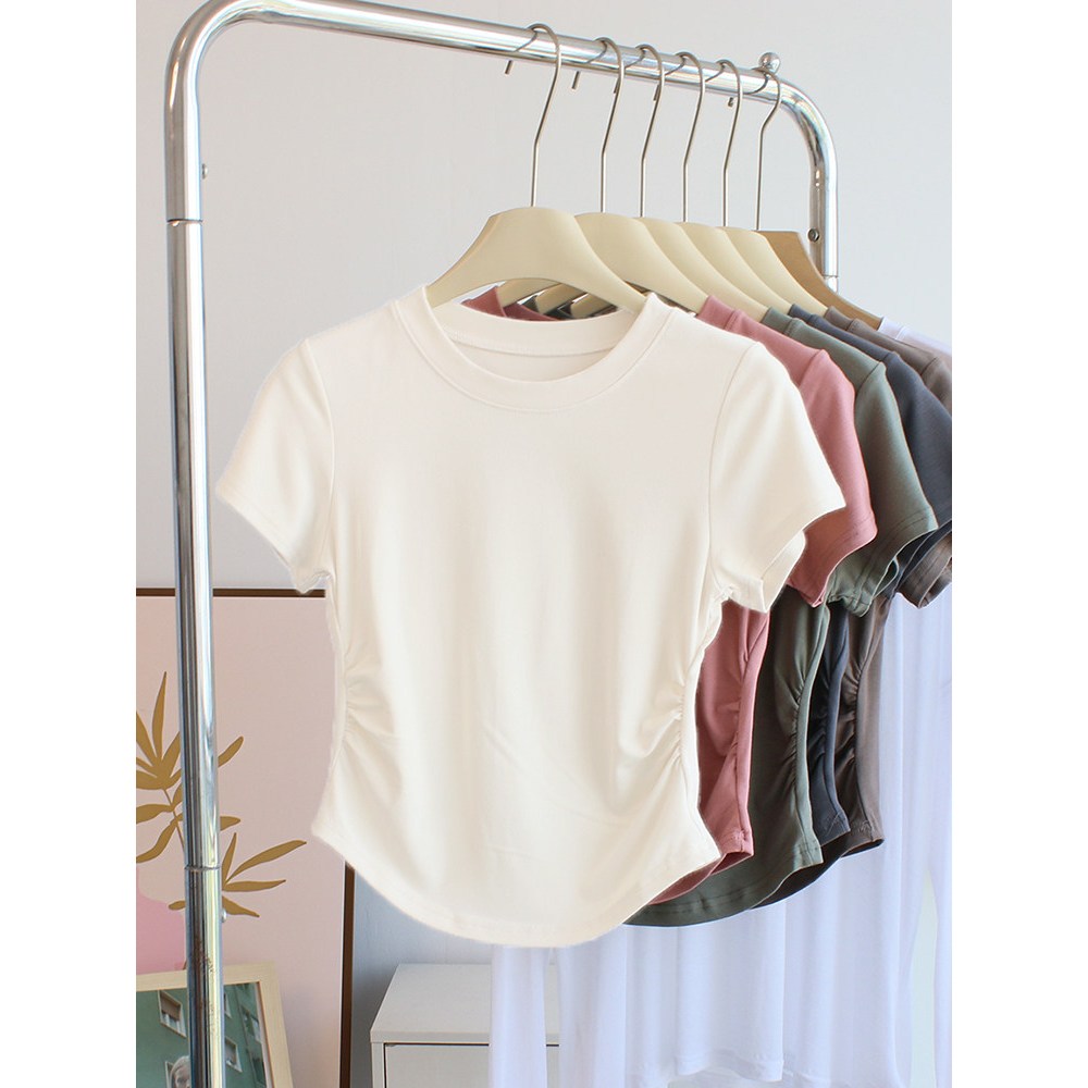 【My-T】🌸สีทึบ ทรงสวย ใส่แล้วพรางหุ่น เอวคอดสุด แต่งย่นข้าง รุ่น เสื้อยืดรัดรูป เสื้อ baby tee วินเทจCOTTON เสื้อยืดรัดรูป
