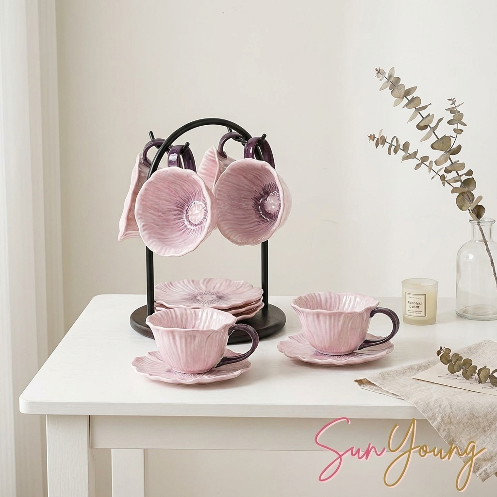 SunYoung แก้วน้ำชาเซรามิก Handpaint Cup 💜 ลายกลีบดอกไม้ แก้วคาเฟ่ น่ารักมาก ของขวัญวันเกิด 🎁✨
