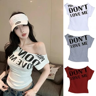 เสื้อยืดแขนสั้นคอลาดไม่สมมาตร สำหรับผู้หญิง สไตล์สาวอเมริกัน เปิดไหล่ เอวเข้ารูป เหมาะสำหรับหน้าร้อนค่ะ