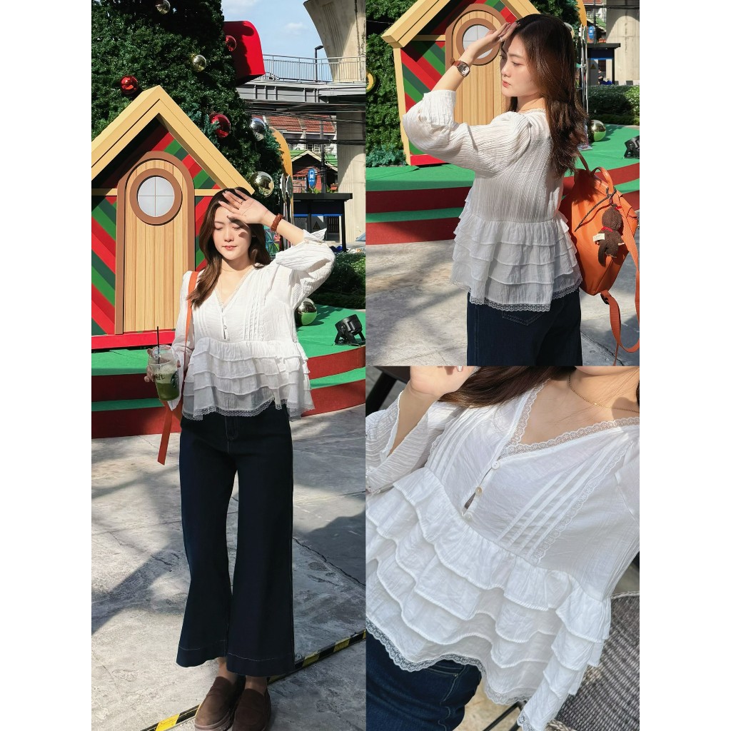 ป้าย Matinee/ Maikaew เสื้อแขนยาว ลูกไม้ คอวี แต่งชั้น ระบายเอว กิมมิค ดีเทล ดี kaewtashop - รูปที่ 5