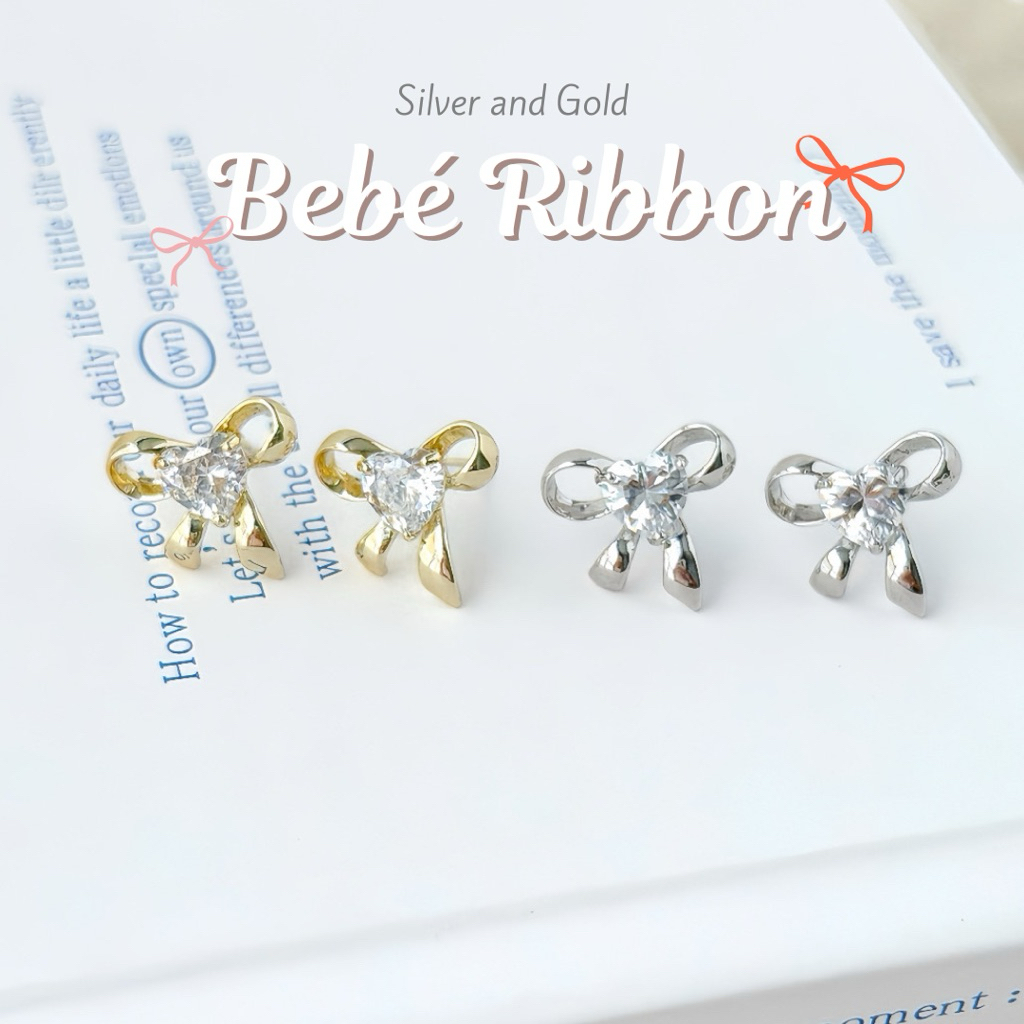 🎀Bebé Ribbon✨ต่างหูโบว์ประดับเพชร สไตล์ลูกคุณหนู ต่างหูใส่เรียนใส่ทำงาน สีเงิน สีทอง Glamandglow.bkk