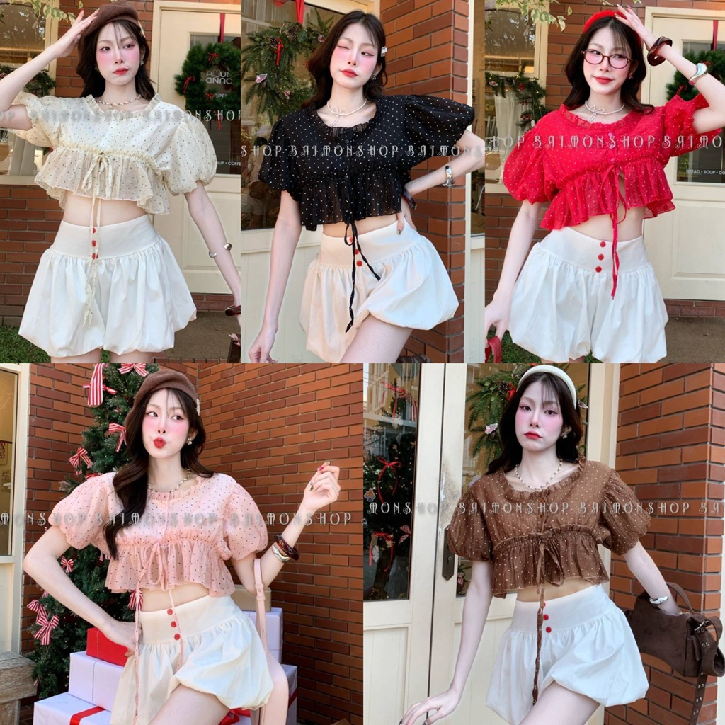 OVP เสื้อครอปลายจุด แขนบอลลูน ผ้าโรซี่บาง ผูกโบว์หน้า เสื้อสีขาว