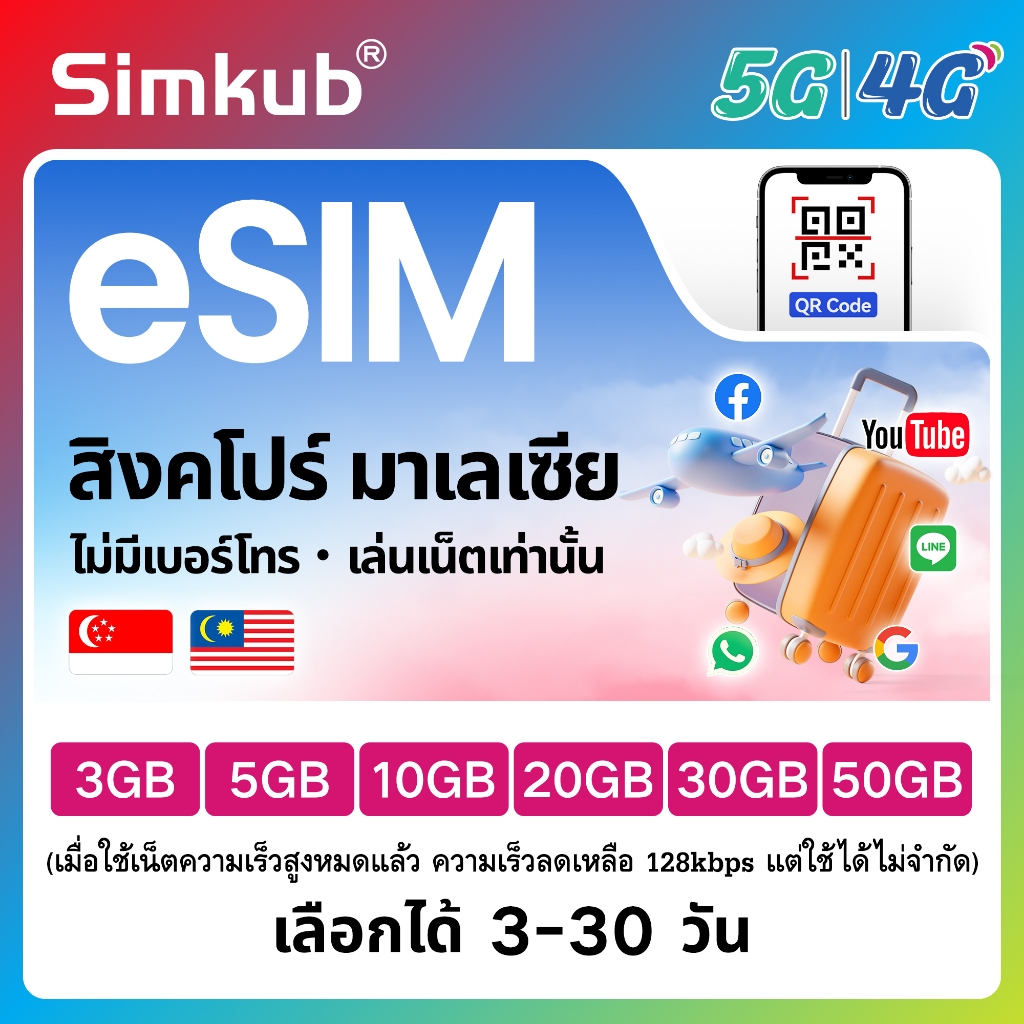 eSIM Singapore&Malaysia ใช้ได้ใน 2 ประเทศ ซิมท่องเที่ยว สิงคโปร์ มาเลเซีย เน็ต 3-50GB รองรับ 5G/4G เ
