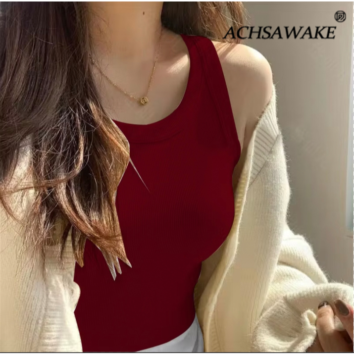 ACHSAWAKE เสื้อกล้ามสุภาพสตรีสีทึบด้านนอกสวมชุดชั้นในด้านหลังที่สวยงามด้านล่างด้านบน