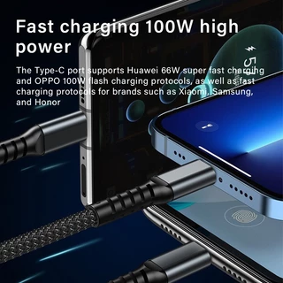 ซื้อ1แถม1 สายชาร์จแบบ 3-in-1 อเนกประสงค์ ชาร์จเร็ว 100W สายชาร์จโทรศัพท์มือถือแบบถัก มีพอร์ต Type-C Micro USB IP