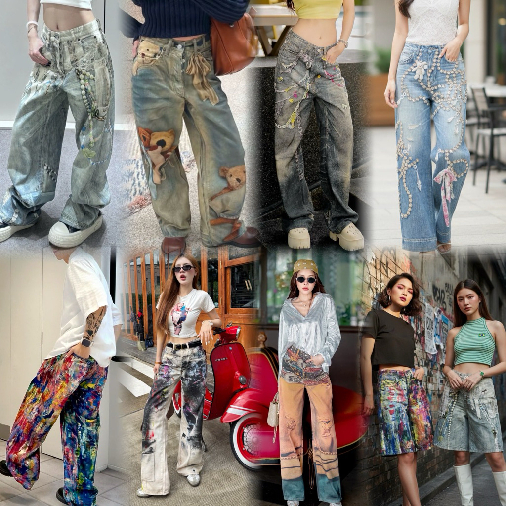 กางเกงยีนส์พิมพ์ลายกราฟฟิกเท่ๆงานตามหา กางเกงยีนส์ขาสั้น ขายาว ใส่ได้ทั้งผู้หญิง ผู้ชาย