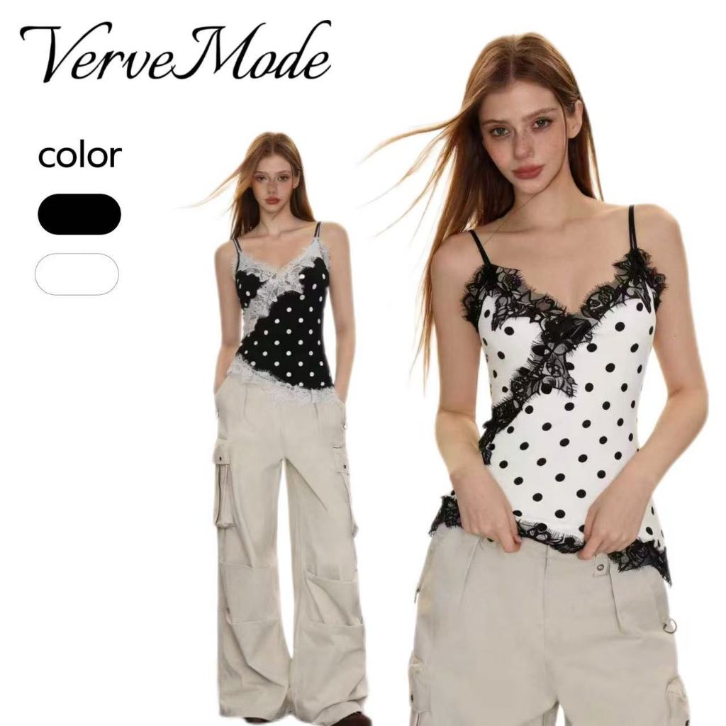VerveMode.🍓 พร้อมแผ่นรองหน้าอก🍓เสื้อสายเดี่ยวผ้าซาตินเทียมคอวีทรงฝรั่งเศส ชายเสื้อไม่เท่ากัน แต่งขอบลูกไม้สวยงามอ่อนหวาน