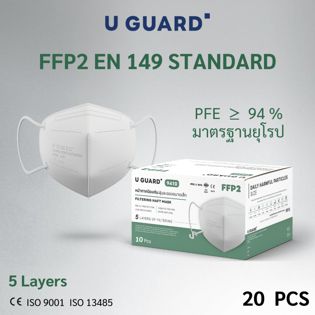 (ยกกล่อง) หน้ากากกันฝุ่น U GUARD FFP2 รุ่นหายใจสะดวก ผ้านุ่ม ป้องกัน PM 2.5 ควัน มลพิษในอากาศ ไม่รัดหู