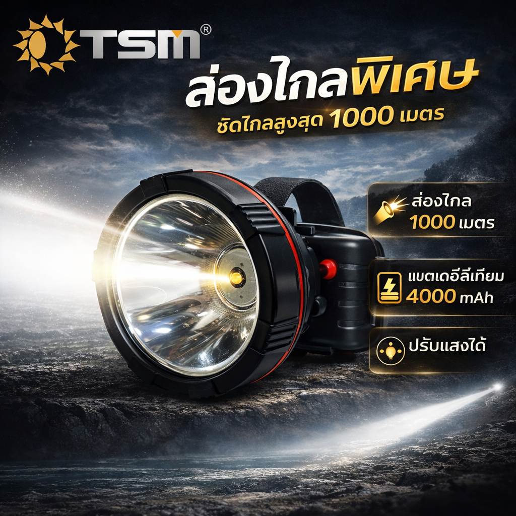 ไฟฉายคาดหัวTSM-2997แรงสูงส่องไกล1000เมตรไฟฉายLEDแบตลิเธียม4000mAhไฟกรีดยางไฟเดินป่าหัวไฟคาดหัว