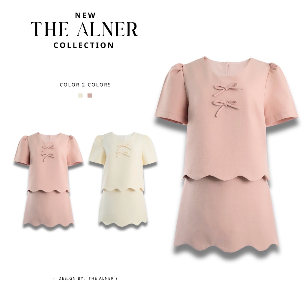 Thealner-AN938 (เซตเสื้อแขนสั้นชายหยักแต่งโบว์+กระโปรง)