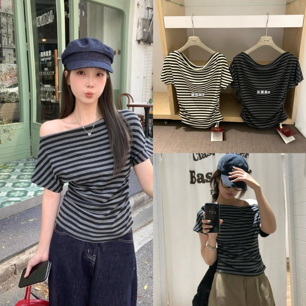 8714# เสื้อคอถ่วง ลายริ้ว จะใส่เป็นเปิดไหล่ก็ดู sexy งานสวย จับจีบย่นช่วงเอว  TAG:WG.WE 🇰🇷