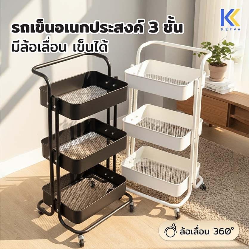 KEFVA รถเข็นอเนกประสงค์ 3 ชั้น มีล้อเลื่อน ขนาด 44.5x37x83 ซม. เข็นได้ เคลื่อนย้ายสะดวก แข็งแรง