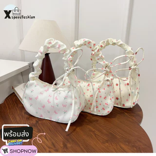 (ส่งด่วน)xspeedfashion(X2219)กระเป๋าถือสะพายไหล่ลายดอกไม้ใบเล็ก น้ำหนักเบาปรับสายย่นน่ารัก มี 3สีให้เลือก