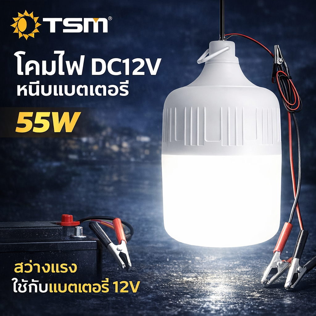 หลอดไฟคีบแบต LED DC12V 10W 15W 20W 55W แสงขาว หลอดไฟพกพา ฉุกเฉิน