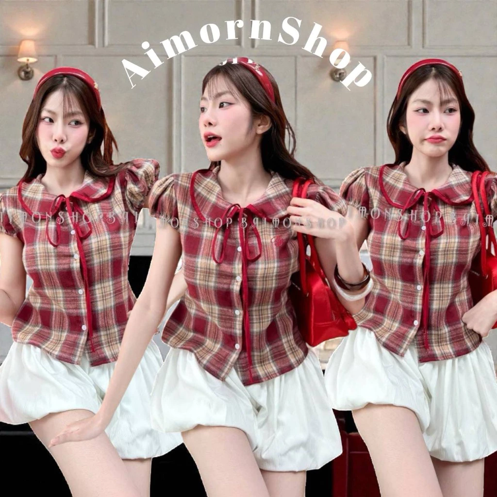 🔥aimorn_shop🔥เสื้อปกคอบัว ลายสก๊อต ทรงแขนตุ๊กตาน่ารักมาก เกาหลีเกาใจสุดๆ ทรงสวย งานผ้าดี