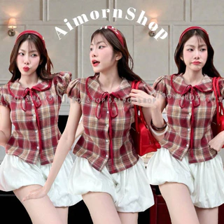 🔥aimorn_shop🔥เสื้อปกคอบัว ลายสก๊อต ทรงแขนตุ๊กตาน่ารักมาก เกาหลีเกาใจสุดๆ ทรงสวย งานผ้าดี