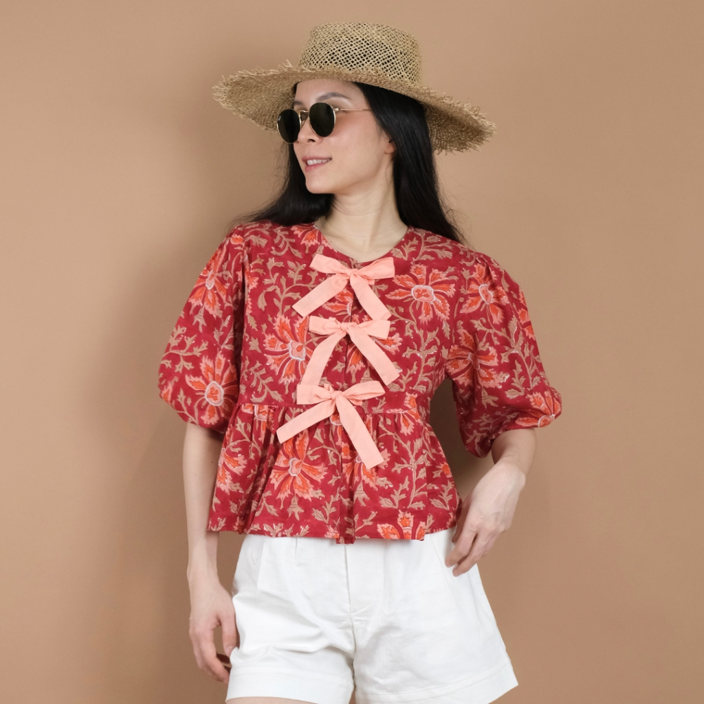 Bow Ties Top with Puff Sleeve