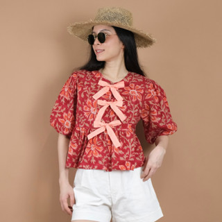 Bow Ties Top with Puff Sleeve