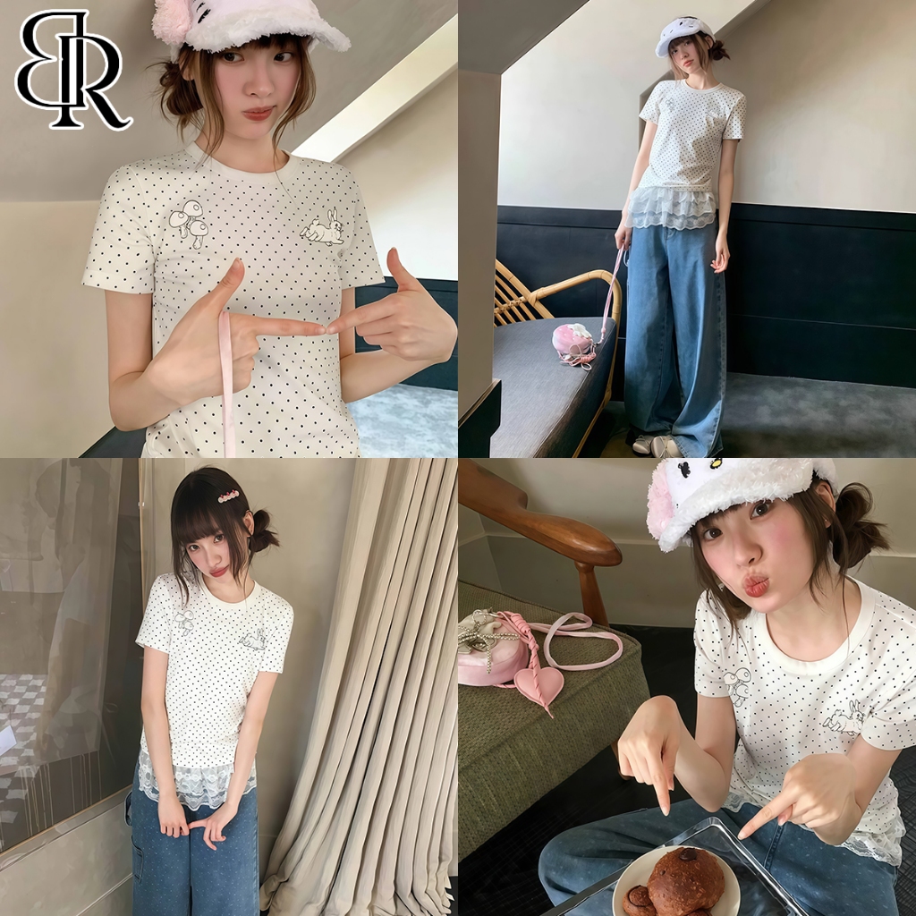 B&R พร้อมส่ง เสื้อยืดคอกลมแขนสั้นลายจุด ลายพิมพ์กระต่ายดีไซน์เก๋ เสื้อเข้ารูปสไตล์เกาหลี ขนาด S-2XL