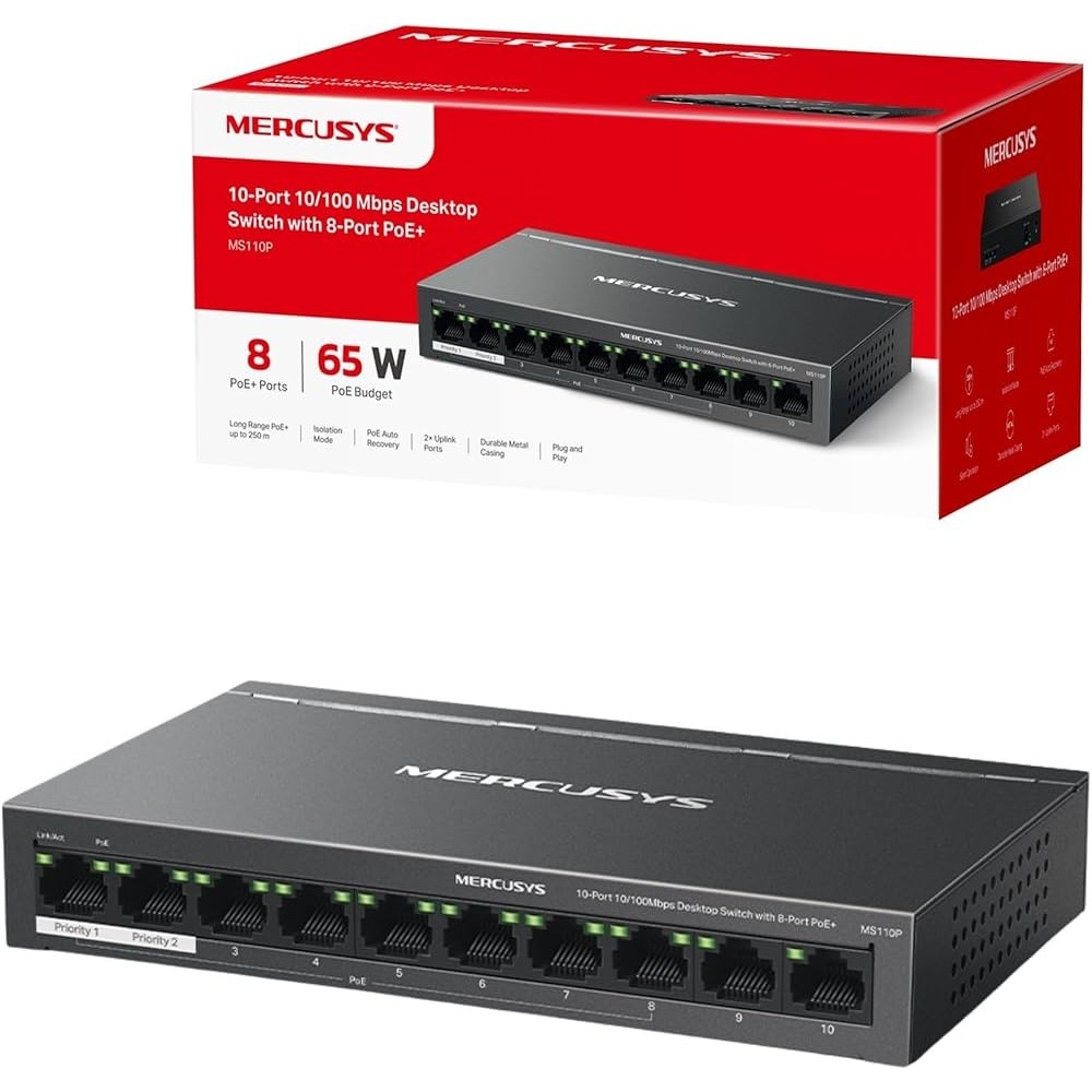 สินค้าใหม่! MERCUSYS MS110P เดสก์ท็อปสวิตช์ 10/100Mbps 10 ช่อง พร้อมพอร์ต PoE+ 8 ช่อง