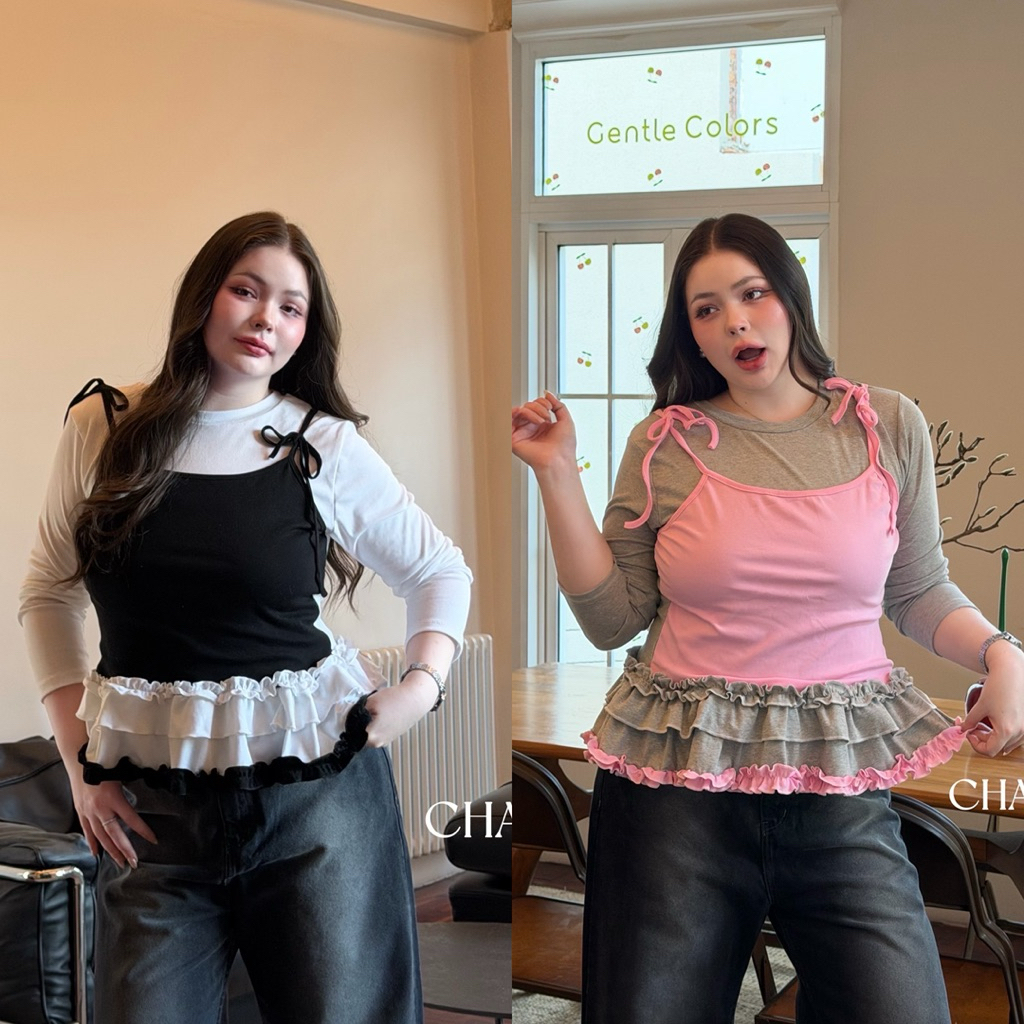 /LD/ เสื้อแขนยาวแต่งสลับสี มีไซส์อก38-52 แต่งชายผ้า2ชั้น น่ารักมาก #พลัสไซส์