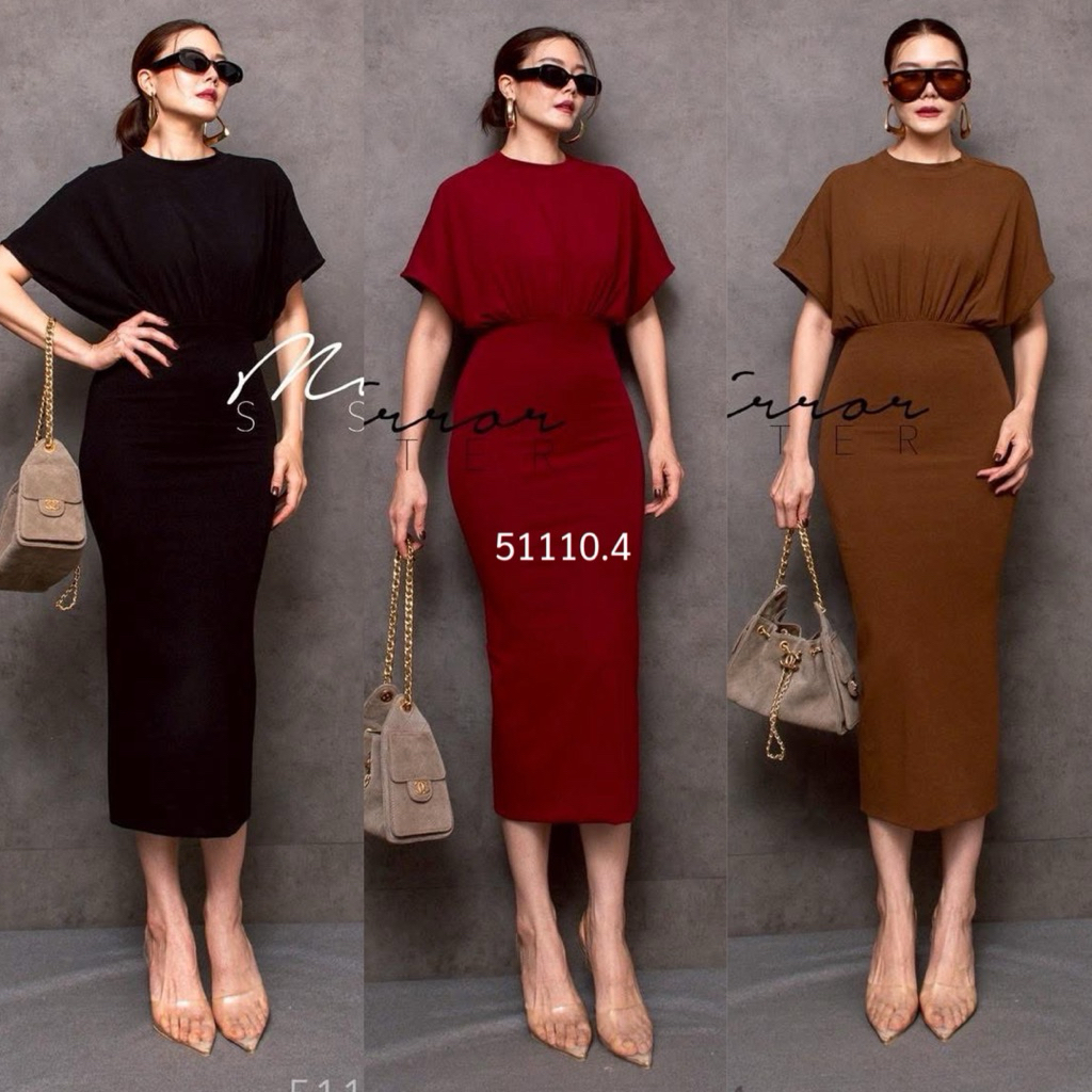 🔖Mirrorsister 51110.4 เดรสยาว ผ้ายืดทรงเข้ารูป ช่วงแขนสโลปทรงค้างคาว ช่วงกระโปรงทรงสอบ ผ่าหลัง เดินง่าย ใส่สบาย