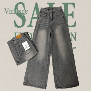 Vintage รุ่น #107-2 กางเกงยีนส์ สีเทาดำ เบสิก ทรงกระบอก แต่ง…