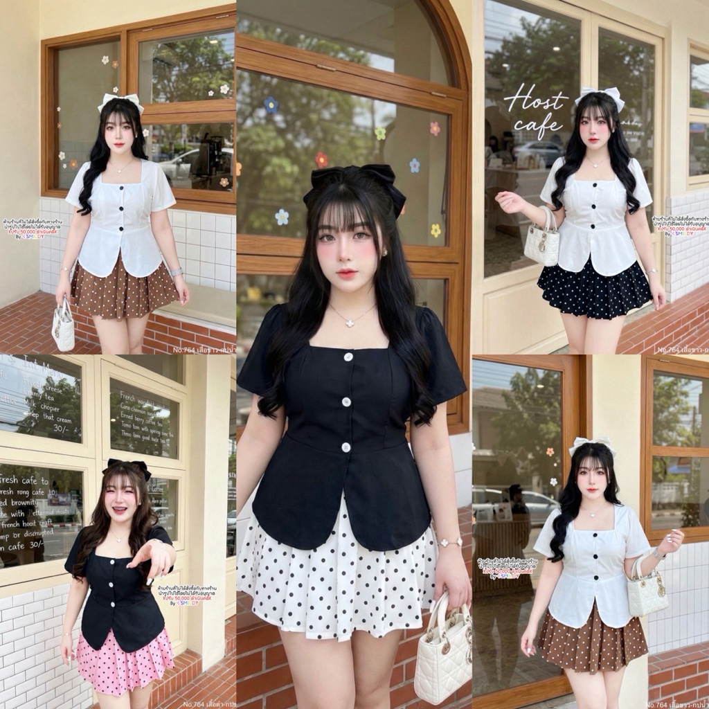PS-S3S2🥰💕 เซ็ตคุณหนูคาเฟ่ เซ็ต 2 ชิ้น เสื้อคอเหลี่ยม กระดุมหน้า (ใช้ได้จริง) ด้านหลังมีเชือกผูกเอวเข