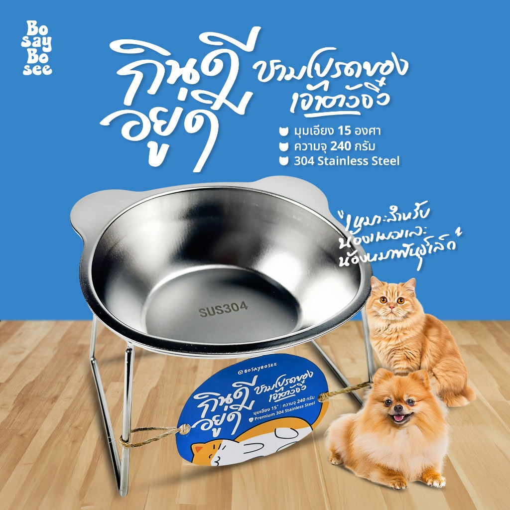 [กินดีอยู่ดี] ชามอาหารสัตว์ พร้อมขาตั้ง เอียง 15 องศา ถนอมกระดูกคอ กินง่าย - ความจุ  240 กรัม